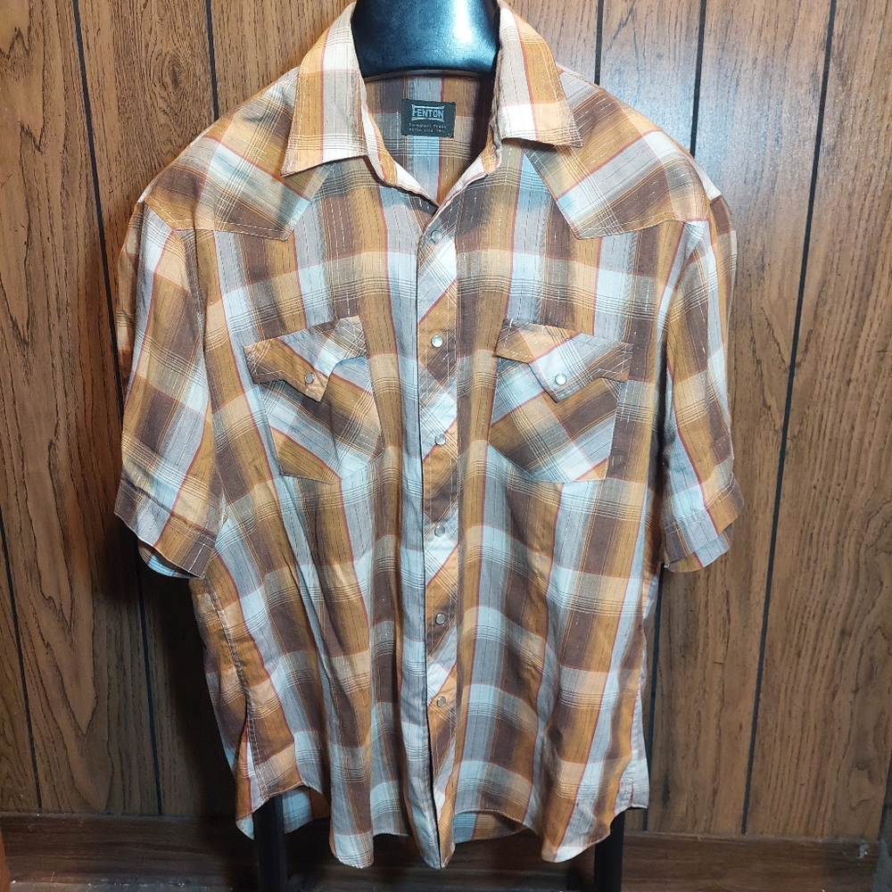 Vintage 70s Fenton Weatern Wear Shirt Pearl Snaps Brown Plaid Sparkly XL Pinhole
